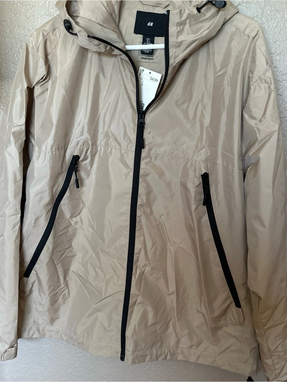 H&M Tan Hooded Windbreaker with Black Trim